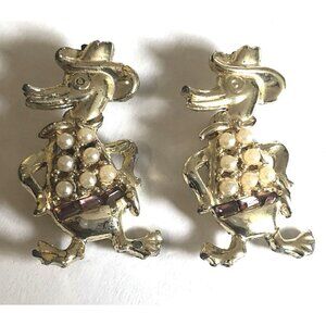 Vintage Brooch Set of 2 Plated Faux Pearl Duck Western Cowboy Sheriff